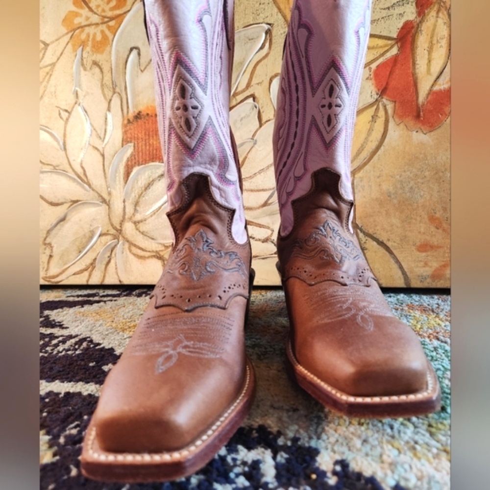 JUSTIN Punchy Pink Westerner Cowhide Foot COFFEE Leather Cowgirl Boots 8.5B EU C - Picture 9 of 16